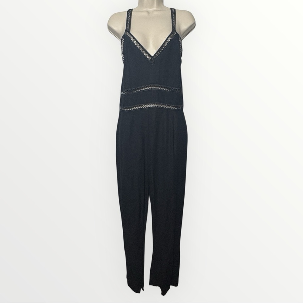 Express Women's Linen Blend Black Jumpsuit with Lace Trim Boho Whimsigoth Size 8
